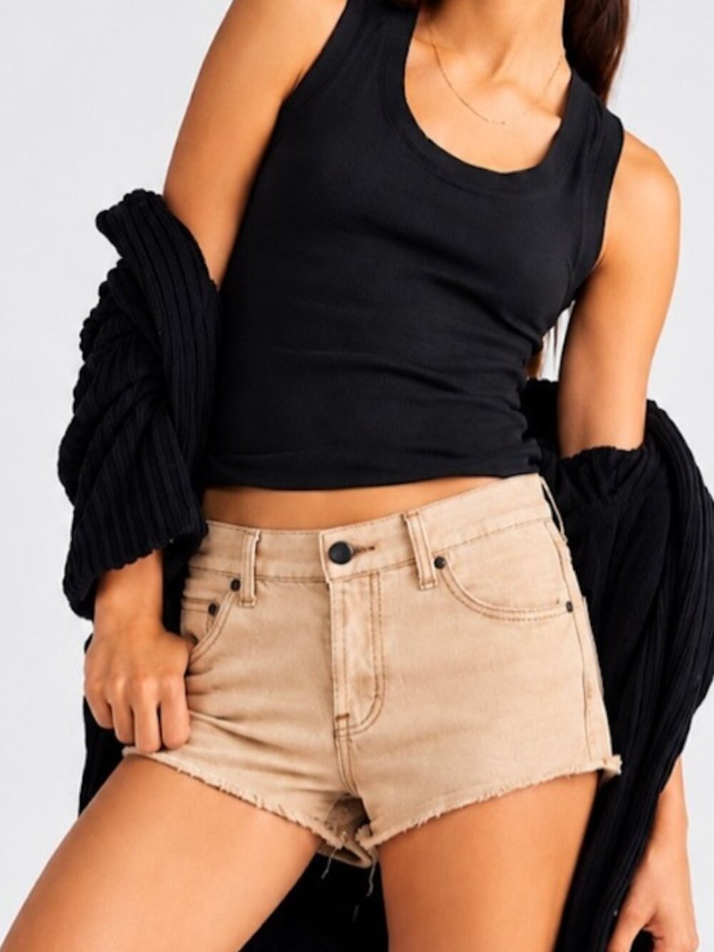 Free People NWT Uptown High Waist Button Fly Distressed Hem Tan Denim Shorts, 26